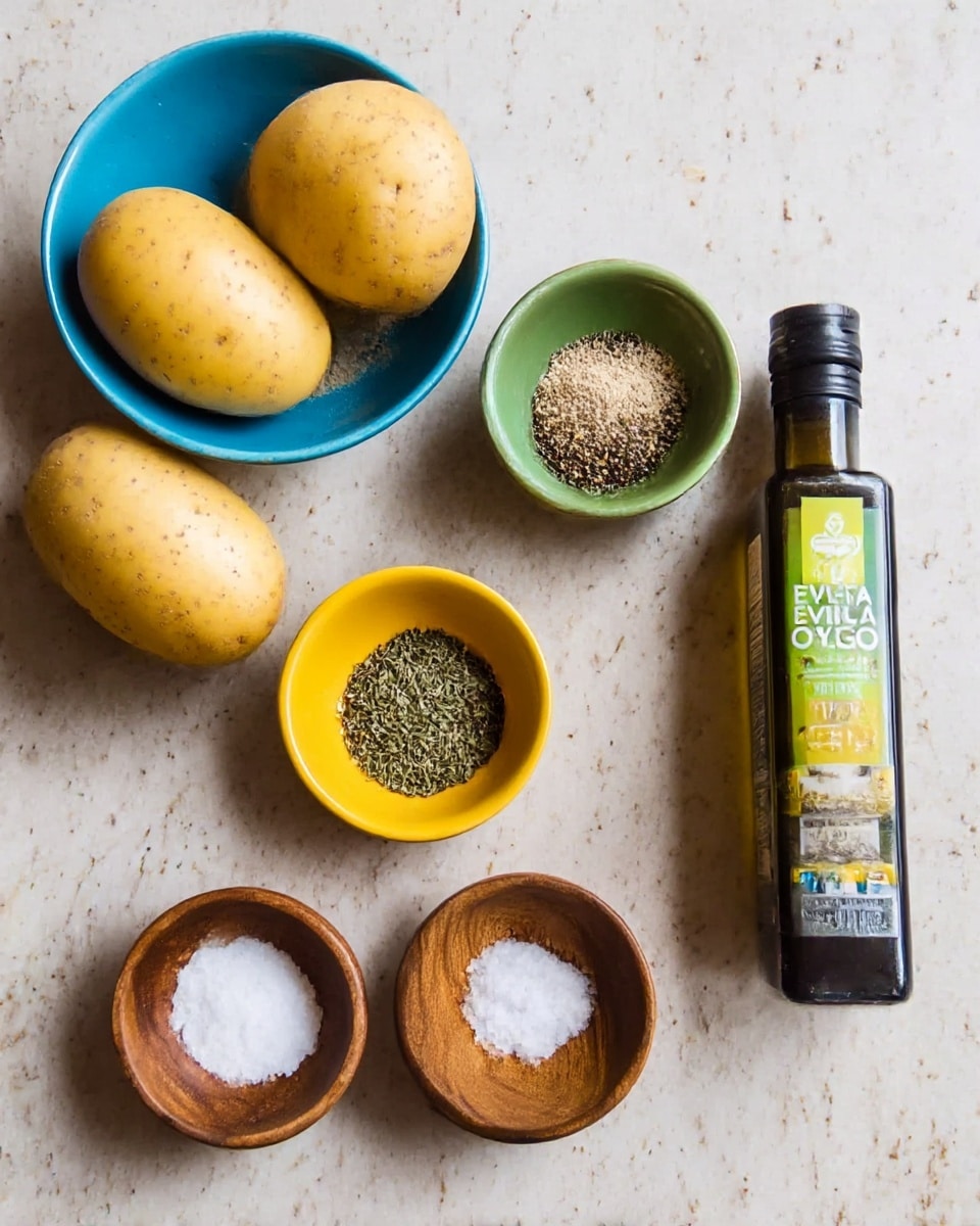 The image shows four yellow potatoes placed on a white marbled surface along with four small round bowls containing different spices. The top blue bowl holds a beige powdery spice, the green bowl next to it contains black pepper, and the yellow bowl below holds a dried green herb mix. A small brown wooden bowl holds white salt. To the right, there is a small dark bottle labeled extra virgin olive oil with green and white packaging. photo taken with an iphone --ar 4:5 --v 7