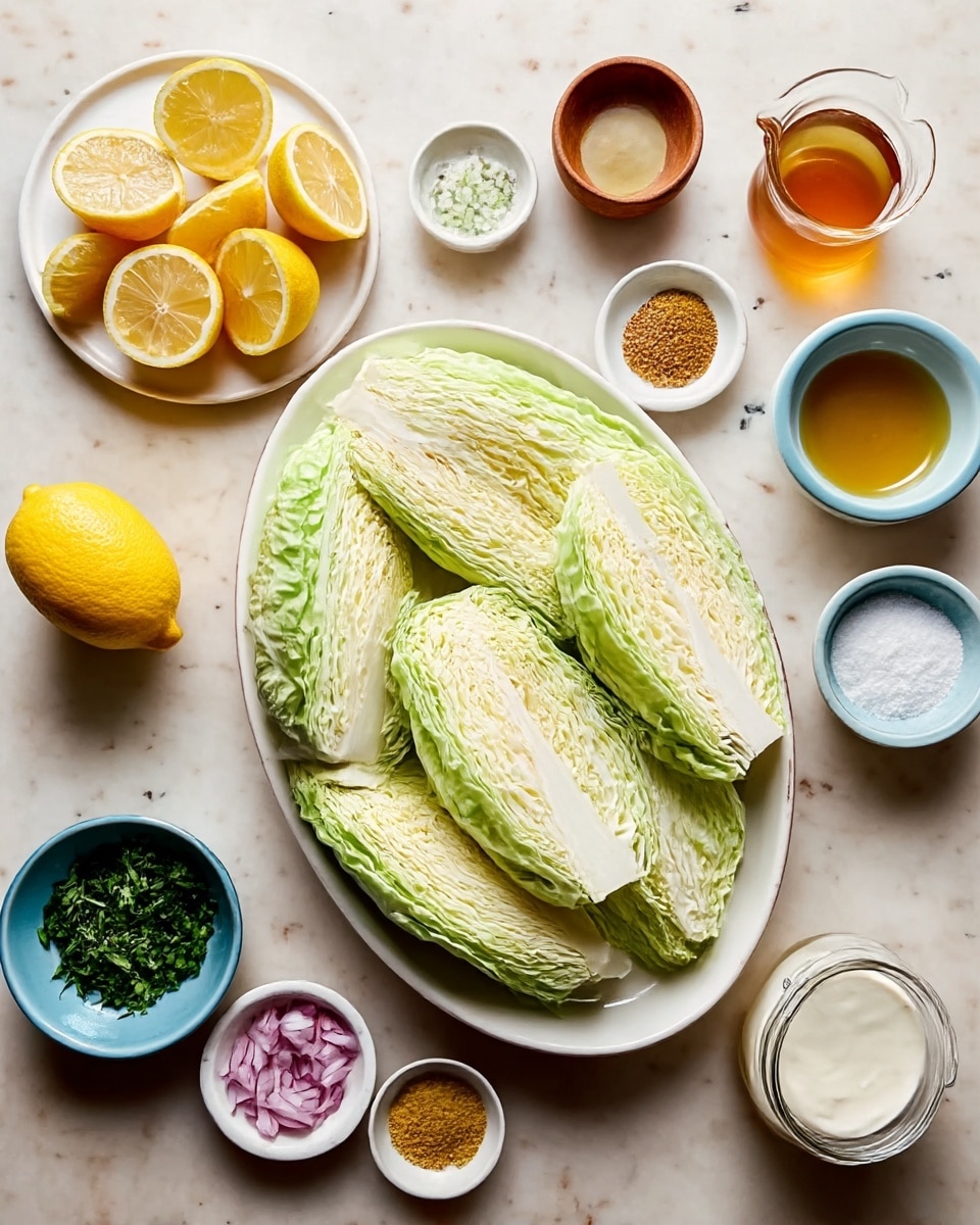 The image shows a white oval plate in the center filled with six large wedges of light green cabbage, layered neatly with visible pale leaves and a smooth texture. Surrounding the plate are small bowls and containers of ingredients, placed on a white marbled surface. On the left, there's a white round plate holding one whole yellow lemon and several lemon wedges, showing bright yellow rinds and juicy flesh. Nearby, small white bowls contain finely chopped green herbs and small pink diced onions. Other small bowls, some white and some blue or wooden, hold coarse salt, mixed pepper, grainy mustard, and a yellow mustard sauce. On the right side, there are glass cups with honey-colored and clear liquid, a small white bowl with light powder, and a small glass jar with white creamy sauce. The whole setup looks neat and organized, with natural light giving a fresh and clean look to the ingredients. photo taken with an iphone --ar 4:5 --v 7