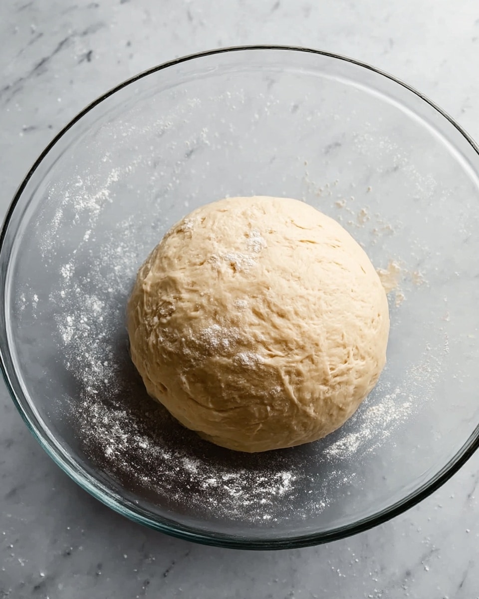 A single round ball of dough rests in a clear glass bowl, its surface smooth with a slightly bumpy texture. The dough is a pale beige color and looks soft and ready to rise. Light dustings of flour are scattered inside the bowl and around it. The bowl sits on a surface that is a white marbled texture. photo taken with an iphone --ar 4:5 --v 7