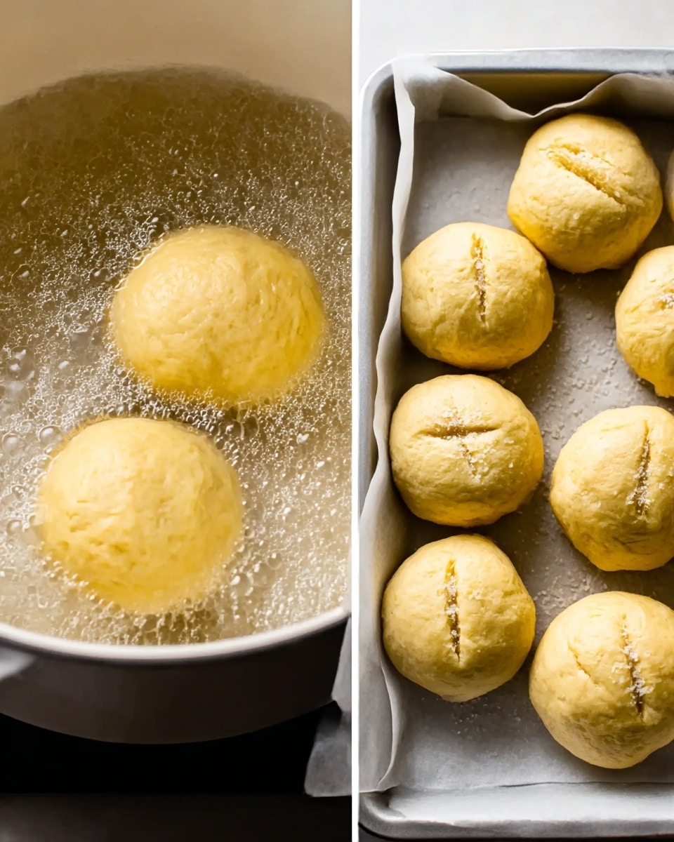 The image shows two parts: on the left, two dough balls are frying in hot oil inside a white pot, the bubbles around them creating a shiny, textured surface; on the right, nine raw dough pieces with a pale yellow color and small salt grains on top are placed closely together in a white tray lined with parchment paper, each dough piece having two small slits on top and a soft, smooth texture. photo taken with an iphone --ar 4:5 --v 7