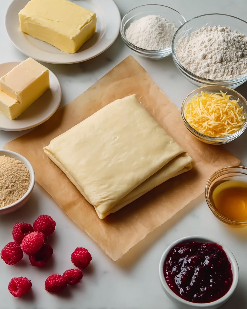 A smooth square piece of folded dough with creamy light beige color is placed on a sheet of brown parchment paper in the center. Around it, several white bowls hold different ingredients: a pale yellow block of butter on a plate at the top left, a glass bowl of fine white flour at the top center, and a small glass bowl of shredded yellow cheese to the right. To the right of cheese is a brown egg. Below, a bowl of light almond flour or similar powder sits on the right. At the bottom right, a bowl of thick, dark red berry jam with visible fruit pieces is next to the dough. At the bottom left, a white bowl contains fresh bright red raspberries, with two placed outside the bowl on the white marbled surface. A small glass bowl of golden syrup or honey is also visible near the butter. All items rest on a white marbled table. Photo taken with an iphone --ar 4:5 --v 7