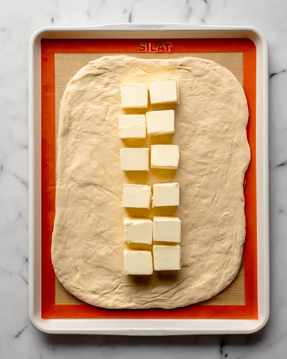The image shows a large rectangle of dough stretched out on an orange baking mat placed on a flat tray. In the center of the dough, there is a neat row of evenly spaced squares of white butter. The dough is thick and creamy in color, with a smooth texture and rounded edges. The butter squares are pale yellow and glossy, arranged in two columns and several rows. The background surface around the tray is a white marbled texture. Photo taken with an iphone --ar 4:5 --v 7