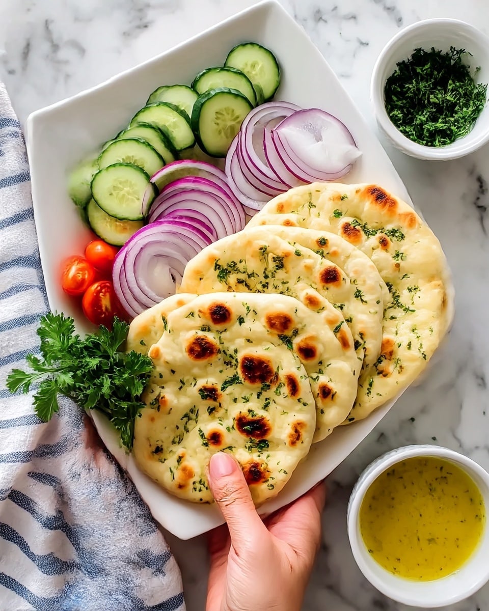 The image shows a white rectangular plate with three pieces of naan bread at the bottom right, each sprinkled with green herbs and round brown spots from cooking. Above the naan, there is a row of cucumber slices with dark green edges and light green centers. Above the cucumbers, there are several thin round slices of purple and white onion arranged in a neat row. At the top left corner of the plate, there are bright red halved cherry tomatoes, and a sprig of fresh green parsley is placed on the bottom left of the naan and the top left corner near the tomatoes. To the right of the plate, two white bowls sit on a white marbled surface, one filled with yellow sauce and the other with chopped green herbs. A woman's hand is visible lightly touching the plate on the bottom left side near a white and blue striped cloth. Photo taken with an iphone --ar 4:5 --v 7