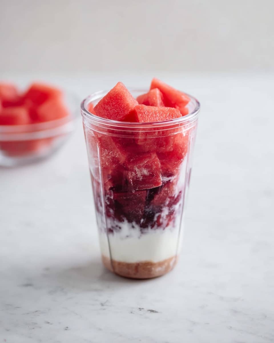 A clear blender cup stands on a white marbled surface, showing four visible layers inside. The bottom layer is light brown, smooth, and thin. Above it is a white liquid layer with some purple pieces floating inside. The third layer is made of dark red frozen chunks, and the top layer is bright red watermelon pieces with a juicy texture, filling the cup to the top. In the background, there is a small clear bowl with red fruit pieces, out of focus. photo taken with an iphone --ar 4:5 --v 7