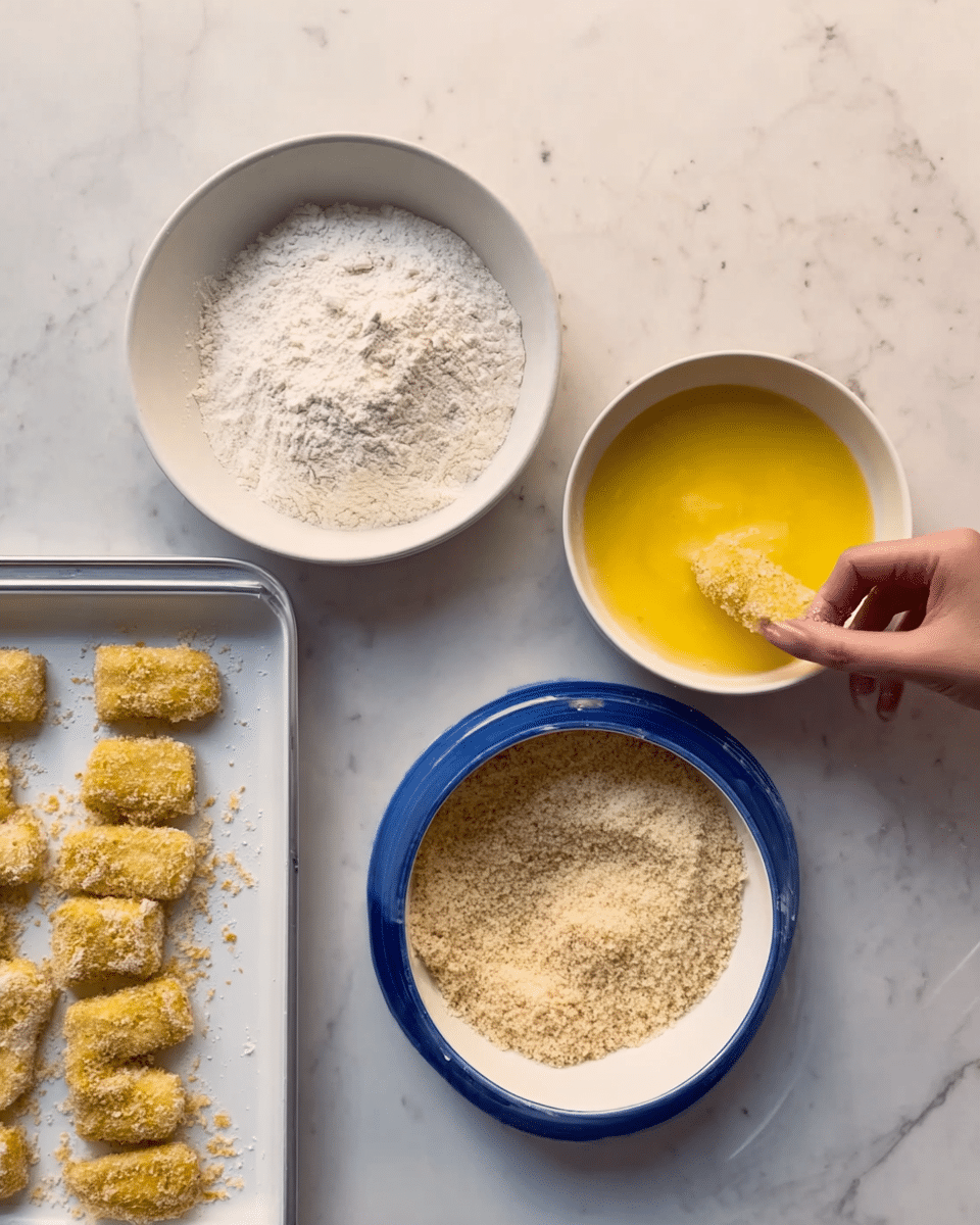The image shows a cooking setup on a white marbled surface with four main items: a white shallow bowl filled with flour at the top left, a white shallow bowl filled with beaten eggs to the right of the flour, a blue-rimmed shallow bowl filled with breadcrumb mix at the bottom, and a white baking tray with small pieces of food already breaded placed on the left side. A woman's hand is dipping a small piece into the egg mixture, preparing it for breading. The colors are soft with the white bowls contrasting with the yellow egg mixture, off-white flour, and light brown breadcrumbs. Photo taken with an iphone --ar 4:5 --v 7