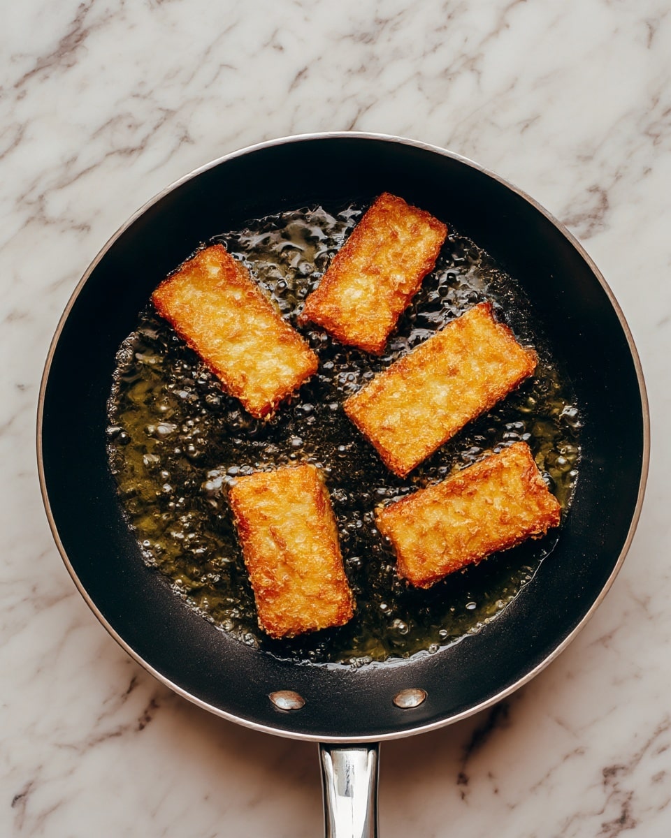 A black frying pan with a silver handle sits on a white marbled surface. Inside the pan, there are five rectangular golden brown fried pieces arranged in a circular pattern, all frying in bubbling oil. The golden pieces have a crunchy texture with small crispy edges visible. Photo taken with an iphone --ar 4:5 --v 7