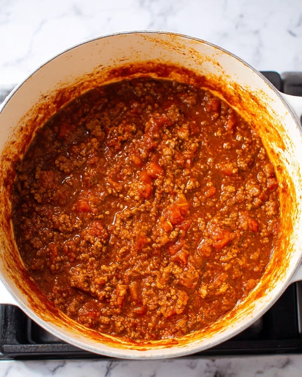 The image shows a white pot filled with a thick reddish-brown sauce mixed with ground meat and pieces of tomato. The sauce has an uneven texture with chunks of meat and small bits of vegetables spread throughout. The sides of the pot are stained with splashes of the sauce, showing a rich and hearty consistency. The pot sits on a stove with a black base, and the background features a white marbled texture. photo taken with an iphone --ar 4:5 --v 7