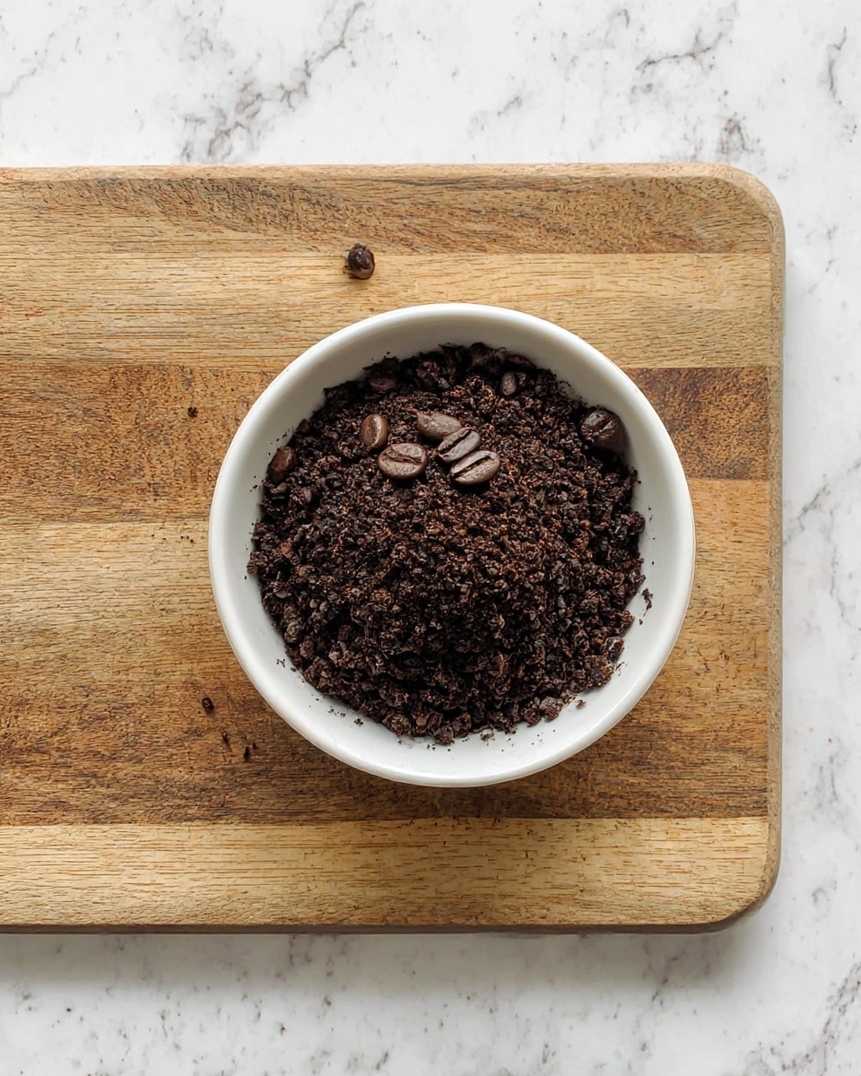 A small white bowl filled with dark brown, coarsely ground coffee beans with some whole beans visible on the top. The bowl is placed on a wooden cutting board with natural brown tones and grain patterns. The whole scene is set against a white marbled surface. photo taken with an iphone --ar 4:5 --v 7