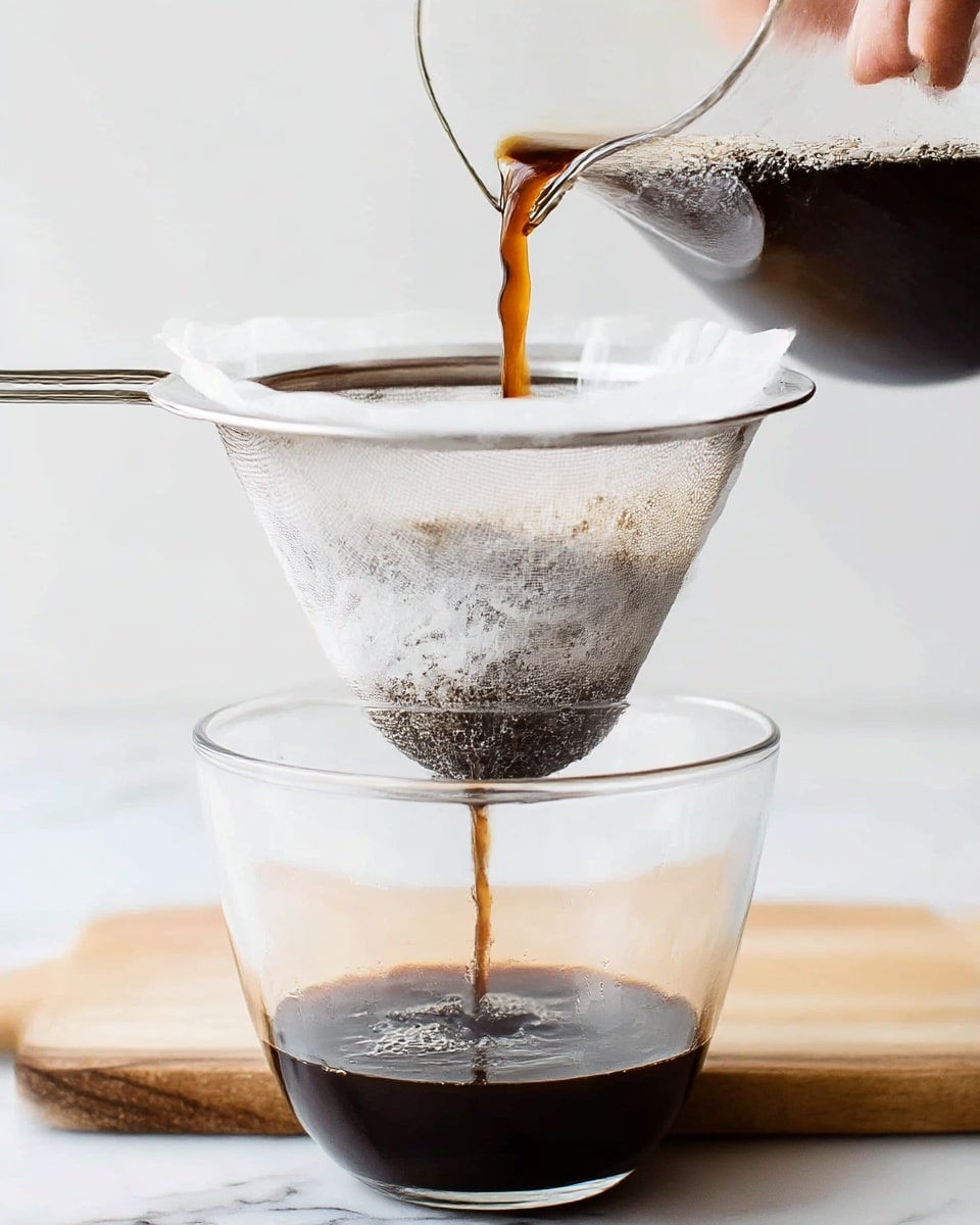 The image shows a close-up of a clear glass bowl at the bottom, catching a dark brown liquid as it passes through a fine metal strainer lined with white cheesecloth. Above the strainer, the dark liquid is being poured from a clear glass pitcher, creating a smooth, flowing stream. The setup is placed on a white marbled surface with a wooden board underneath the bowl. A woman's hand holds the strainer handle on the left side, steadying the process. The light is bright and even, highlighting the transparency of the glass and the rich color of the liquid. photo taken with an iphone --ar 4:5 --v 7
