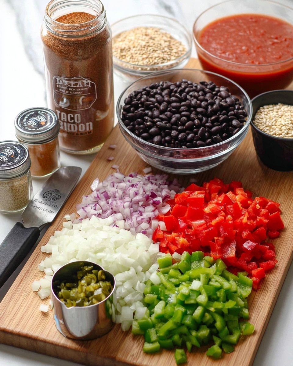 The image shows a wooden board filled with various ingredients arranged in neat layers. At the back left is a tall glass jar labeled