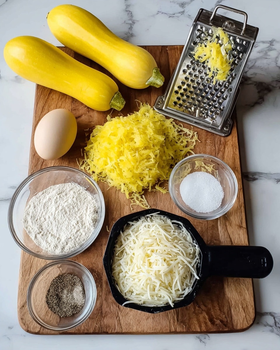 The image shows a wooden board placed on a white marbled surface. On the board, there are two whole yellow squashes at the top left corner and in front of them an egg with a light brown shell. To the right of the egg, a mound of freshly grated yellow squash sits next to a metal box grater standing upright with some grated squash stuck to it. Below the egg and squash, there is a small clear glass bowl filled with white flour. Next to it are two smaller clear glass bowls, one containing white salt and the other holding ground black pepper. On the bottom right corner of the board, a black measuring cup filled with finely shredded white cheese is placed with the metal handle visible. Photo taken with an iphone --ar 4:5 --v 7