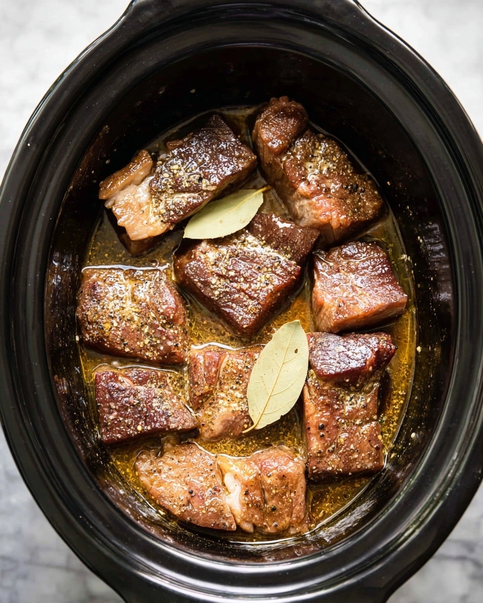 A black slow cooker filled with ten large pieces of browned meat, each with a caramelized outer layer showing different shades of brown and lightly speckled with black pepper. The meat rests in a thin layer of golden brown broth, sprinkled with dried herbs and crushed spices. Two pale green bay leaves lie on the top center piece of meat. The background is a white marbled surface. Photo taken with an iphone --ar 4:5 --v 7