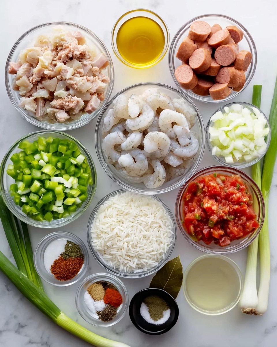The image shows various cooking ingredients placed in clear glass bowls with a few green onions lying across the bowls, all on a white marbled surface. There are sliced sausage pieces in one bowl, raw chicken pieces in another, peeled raw shrimp in a separate bowl, and white rice in a medium bowl. Surrounding these are smaller bowls holding diced green bell peppers, diced celery, chopped white onions, minced garlic, a yellowish liquid (likely broth), and crushed tomatoes. There is also a small black bowl with spices including a bay leaf, a pinch of salt, and a reddish-brown spice mix, plus a tiny clear bowl with a pale liquid, likely oil or vinegar. The overall setup looks neat and organized, ready for cooking. photo taken with an iphone --ar 4:5 --v 7
