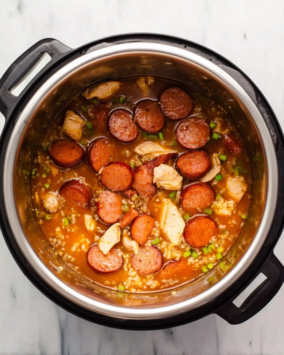 A close-up top view of an open stainless steel pressure cooker filled with a stew. The stew has three main layers visible from top to bottom: thick dark orange broth with a shiny, slightly oily surface; large round slices of reddish-brown sausage scattered evenly, some resting on pieces of light beige cooked chicken chunks and off-white rice grains; small pieces of green scallions mixed within the broth and meat. The cooker sits on a white marbled surface, and the black handles of the pressure cooker frame the pot. Photo taken with an iphone --ar 4:5 --v 7
