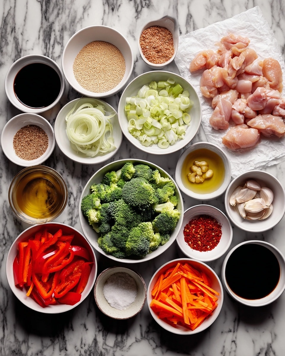 The image shows many small white bowls set on a white marbled surface, each holding different fresh ingredients. In the center right, there is a pile of raw chicken pieces on white paper. Around it, there are bright orange carrot slices and red bell pepper strips in white bowls. Bright green broccoli florets fill a white bowl near the center. There are also small bowls with sliced white onions, chopped ginger, minced garlic, soy sauce, sesame seeds, brown sugar, oil, flour, and red chili flakes. Each bowl holds just one type of ingredient, all neatly arranged for cooking preparation. photo taken with an iphone --ar 4:5 --v 7