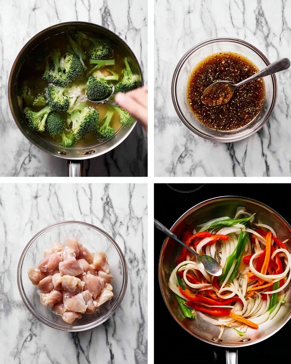 The image shows four separate square photos arranged in a grid on a white marbled surface. The top left photo has a metal pot filled with boiling water, with bright green broccoli being lifted out by a spoon held by a woman's hand. The top right photo shows a clear glass bowl with a thick dark brown sauce full of small pieces, and a spoon resting inside. The bottom left photo features a clear glass bowl containing raw chicken pieces coated in flour with a soft pink and white tone. The bottom right photo shows a metal frying pan with sliced colorful vegetables including bright green broccoli, thin orange carrot slices, long white onion strips, and red bell pepper strips being cooked. Photo taken with an iphone --ar 4:5 --v 7