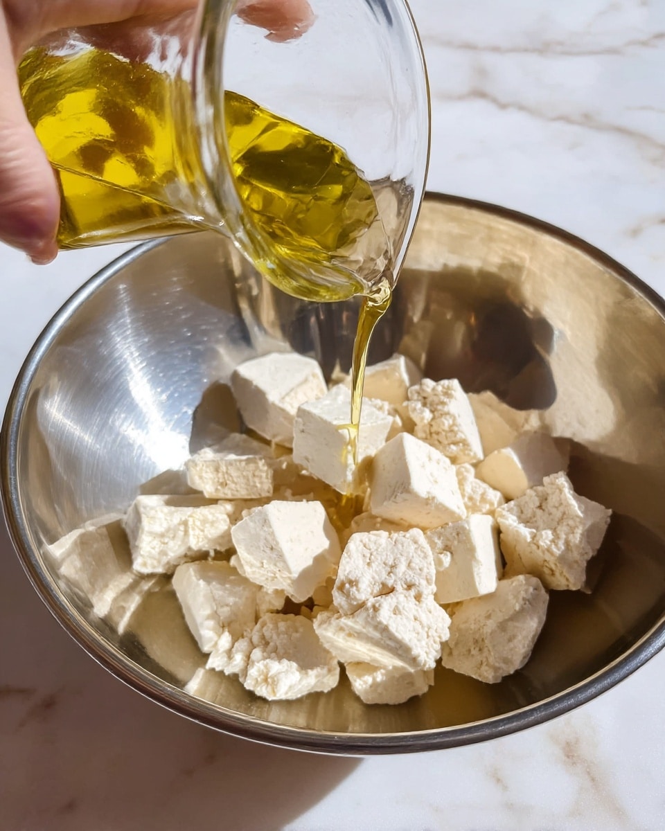 Inside a shiny metal bowl, there are rough chunks of white tofu, broken into uneven pieces with a soft, crumbly texture. Above the bowl, a woman's hand is tilted, slowly pouring a thin stream of golden olive oil from a clear glass container, catching the light and creating reflections on the surface of the tofu below. The whole scene is set against a white marbled texture background, highlighting the bright and natural colors of the ingredients photo taken with an iphone --ar 4:5 --v 7