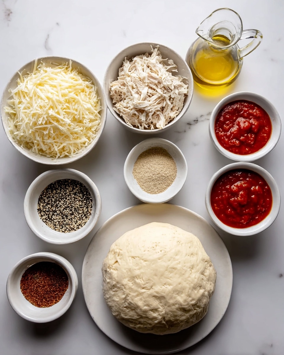 The image shows several small dishes and a jar arranged on a white marbled surface. In the center bottom is a thick round ball of dough, light beige with a smooth texture. To the left of it is a white bowl filled with shredded cheese, pale yellow and finely grated. Above that is a bowl with shredded white cooked chicken, fibrous in texture. On the top center is a small clear glass jug with golden yellow olive oil. On the top right is a small bowl with chunky deep red tomato sauce. Below that to the right is another small bowl with finely ground black pepper. Below the dough ball and to the left is a small bowl of mixed black and white sesame seeds. Below to the right is another bowl with darker red tomato sauce topped with black pepper. Above that is a small bowl with a light beige powder, likely garlic powder. The bowls are all white except the dough plate, and everything is on a white marbled surface. Photo taken with an iphone --ar 4:5 --v 7