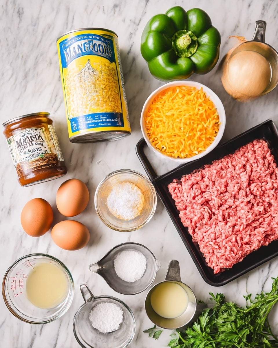 The image shows raw ingredients for a meal arranged neatly on a white marbled surface. At the center is a black tray holding pink ground meat. Above it to the right is a whole onion with a light brown skin. Next to the onion, a white bowl filled with shredded yellow and orange cheese sits. To the left of the meat tray is a can of creamy yellow sweet corn labeled in blue and yellow, and slightly below it is a can of Manwich Original sloppy joe sauce with a brown label. Below the cans and meat, two brown eggs rest in a small clear glass bowl. To the left of the eggs is a small glass bowl with white salt, next to a metal measuring cup holding a creamy liquid. Above the salt and liquid is another metal measuring cup with light yellow cooking oil. A green bell pepper is located in the top left corner, and a bunch of fresh green parsley lies in the bottom right corner. The setup is bright and clean, with everything spaced out nicely. Photo taken with an iphone --ar 4:5 --v 7