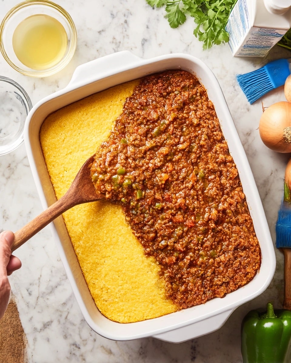 A white rectangular baking dish sits on a white marbled textured surface. Inside, there are two visible layers: the bottom layer is a smooth, bright yellow cornmeal mixture, covering the entire dish evenly, while the top layer is a thick, rich brown ground meat sauce with bits of green and red vegetables mixed in. In the left image, a wooden spoon is spreading the meat sauce over the cornmeal layer. Around the dish, there are some kitchen items including a small glass bowl with a light yellow liquid, a white carton of creamer, a beige onion, a green bell pepper, a bunch of cilantro, and a blue silicone brush. photo taken with an iphone --ar 4:5 --v 7