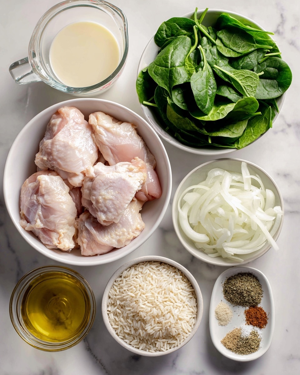 A white bowl filled with raw chicken thighs sits in the center, showing their pale pink, smooth texture with some fat visible. To the top right, a white bowl is full of fresh spinach leaves, deep green and leafy, piled high. Below it to the right, another white bowl is filled with thinly sliced white onions, layered neatly. To the bottom right, a white bowl holds long grain rice, small and white with a dry texture. Below the chicken, a small clear glass bowl contains shiny golden olive oil. To the left of the olive oil, there's a small clear glass with heavy cream, white and smooth. Above the chicken thighs to the top left, a clear glass measuring cup is filled with pale yellow chicken broth. At the bottom right corner, a small white plate has piles of white salt, light brown onion powder, black pepper, dried oregano, and pale yellow garlic powder, each clearly separated. All items rest on a white marbled surface photo taken with an iphone --ar 4:5 --v 7
