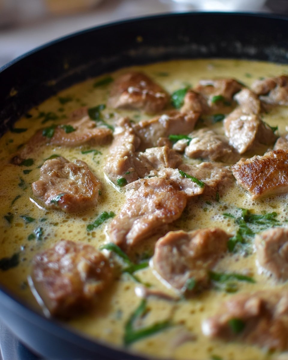 The image shows a black pan filled with cooked pieces of light brown meat simmering in a creamy, pale yellow sauce with small green leafy herbs scattered throughout. The meat pieces have a slightly crispy texture on the outside and are spread across the surface of the sauce, which looks smooth and rich. The background is soft and blurred, emphasizing the pan and its contents. photo taken with an iphone --ar 4:5 --v 7