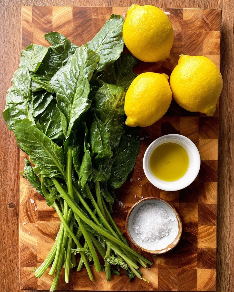 A bunch of fresh green leaves with long stems lies at the bottom left on a wooden checkered board. Above the greens, two bright yellow lemons sit close together. To the right of the lemons, there is a small white bowl filled with golden olive oil. Above the greens and to the left of the lemons, a small white bowl holds coarse white sea salt. The warm wooden board background contrasts with the vivid greens and yellows. Photo taken with an iphone --ar 4:5 --v 7