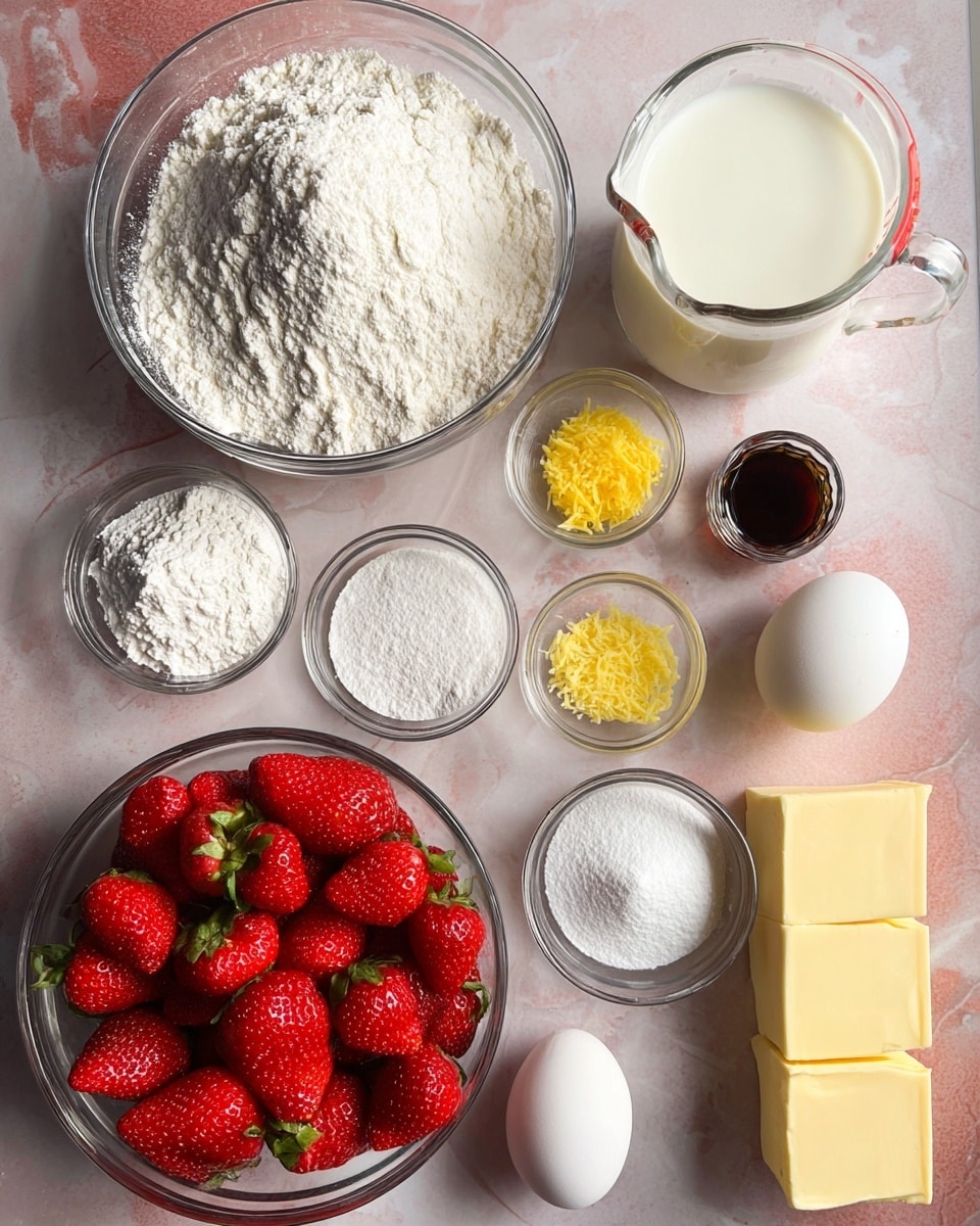 The image shows several clear glass bowls and a glass measuring cup arranged on a white marbled surface, each holding different baking ingredients. There is a large bowl filled with white flour, another large bowl with white sugar, and a medium bowl piled with bright red strawberries with green tops. Smaller bowls hold light yellow lemon zest, white powdery cornstarch, and a white powder mix. Two whole white eggs rest on the surface near a measuring cup filled with white milk. A stick of pale yellow butter lies partially unwrapped, scored in small squares, and a small dark bottle, likely vanilla extract, is placed on the side. The colors are fresh and bright, with the red strawberries adding a pop of color against the mostly white ingredients. Photo taken with an iphone --ar 4:5 --v 7