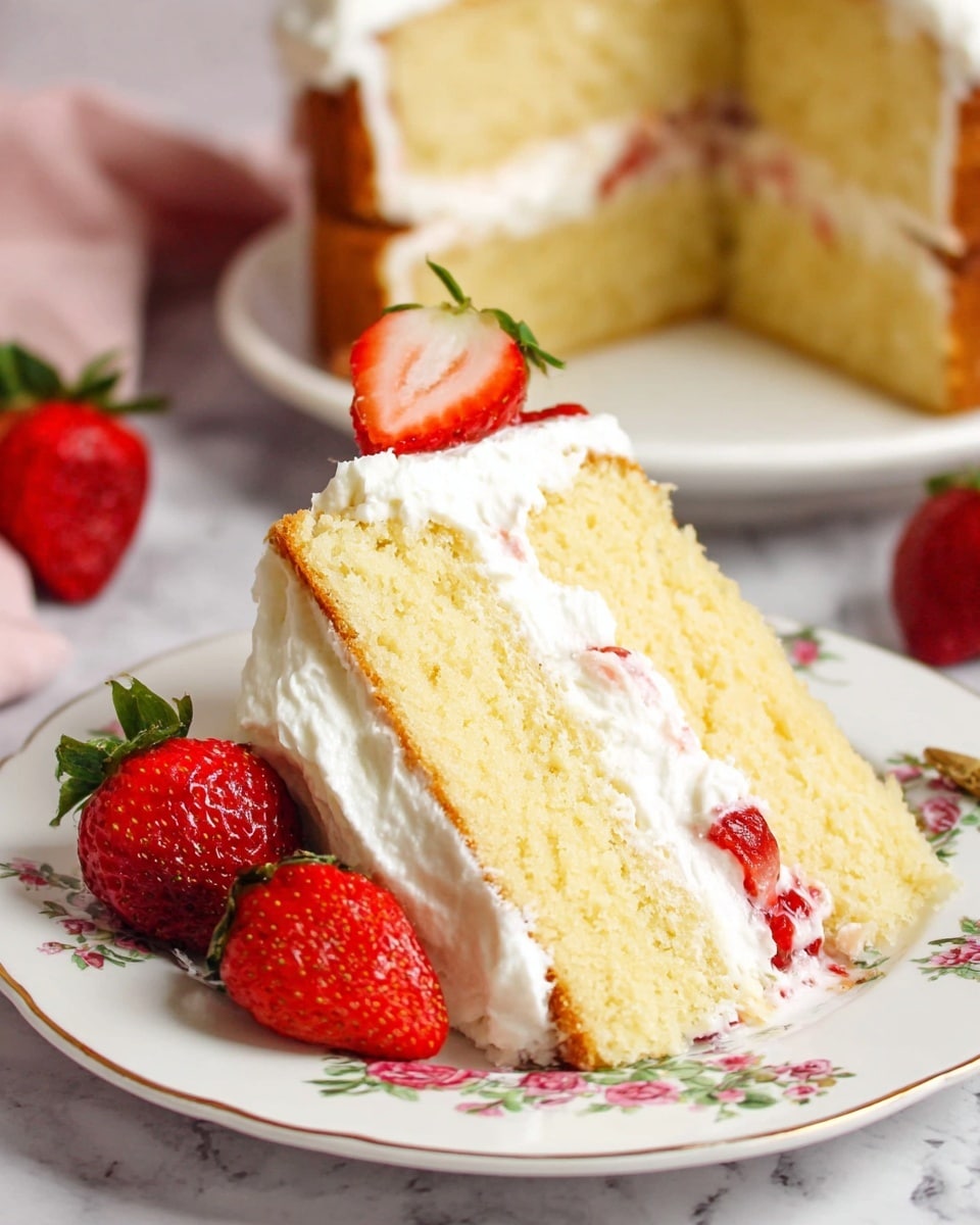 A slice of two-layer yellow cake with a light and soft texture sits on a white plate with a floral pattern. Between the layers is a thick layer of white whipped cream with pieces of red strawberry mixed in. Outside, the cake is covered with more white whipped cream, with a fresh sliced strawberry placed on the side of the slice. Whole strawberries surround the slice on the white marbled surface, and part of the full cake is blurred in the background on a white plate. Photo taken with an iphone --ar 4:5 --v 7