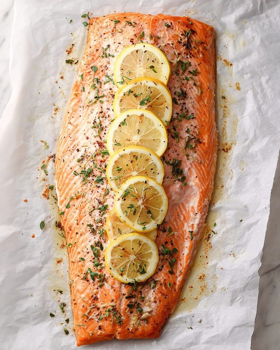 A large single piece of cooked salmon is placed flat on white parchment paper, resting on a white marbled surface. The salmon has a light orange-pink color with visible grill marks and a soft, flaky texture. On top of the salmon, there are six thin lemon slices evenly spaced in two rows from top to bottom. The fish is sprinkled with small green herb pieces and black pepper, adding specks of darker green and black across the surface. Around the edges, the salmon shows slight browning and crispiness. Photo taken with an iphone --ar 4:5 --v 7