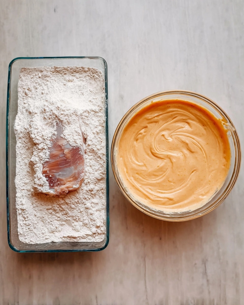 The image shows two glass containers on a white marbled surface. The container on the left is rectangular and filled with white flour, with a single raw piece of meat partially covered by the flour in the center. The container on the right is a round glass bowl filled with a light orange creamy mixture, smooth in texture with gentle swirls on the surface. Both containers sit side by side on the white marbled texture. photo taken with an iphone --ar 4:5 --v 7