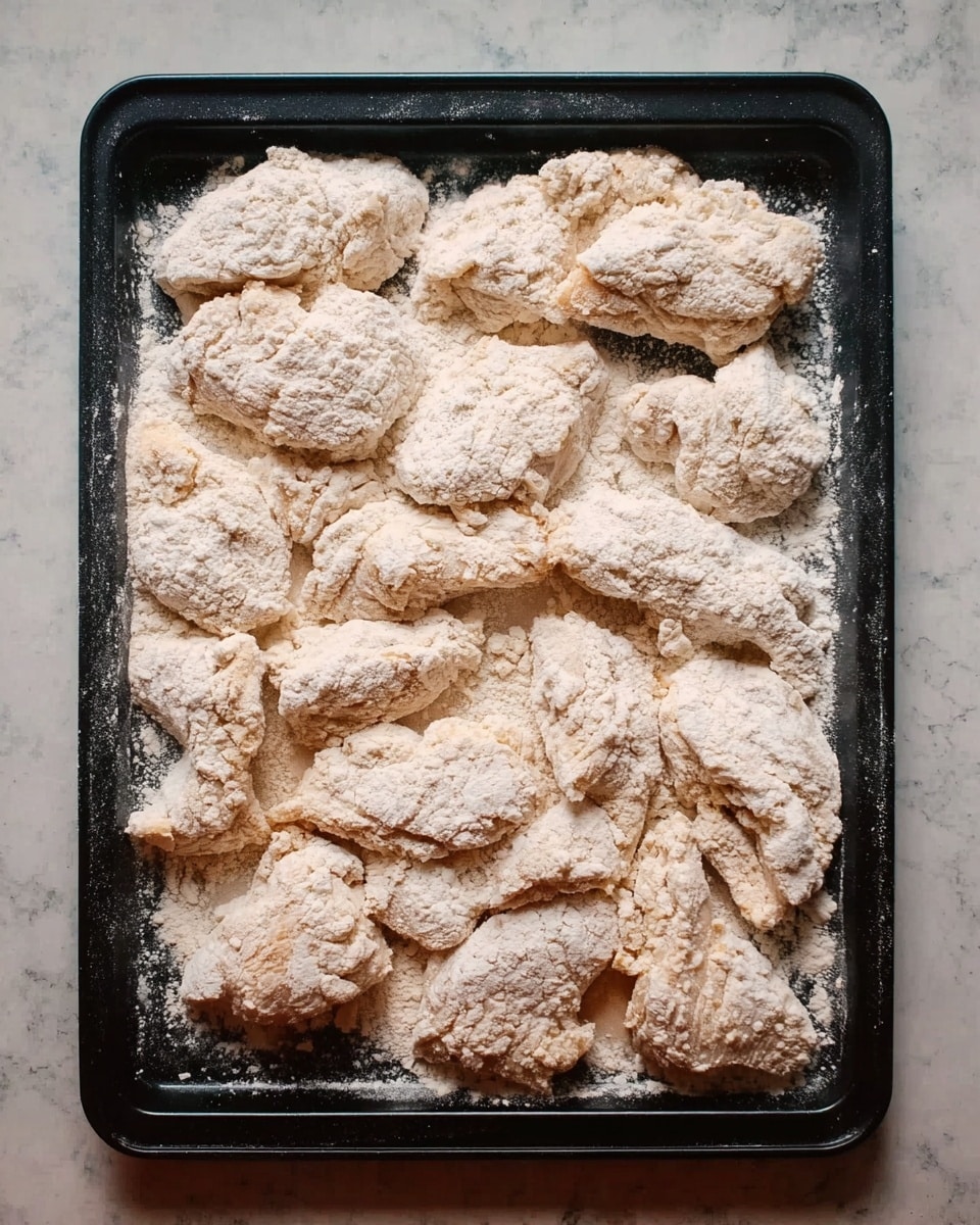 A black baking tray is filled with pieces of raw chicken coated thickly with a light beige flour mixture. The chicken pieces vary in size and shape, and each is completely covered in the powdery coating that has a rough texture. The tray itself is placed on a white marbled surface. photo taken with an iphone --ar 4:5 --v 7
