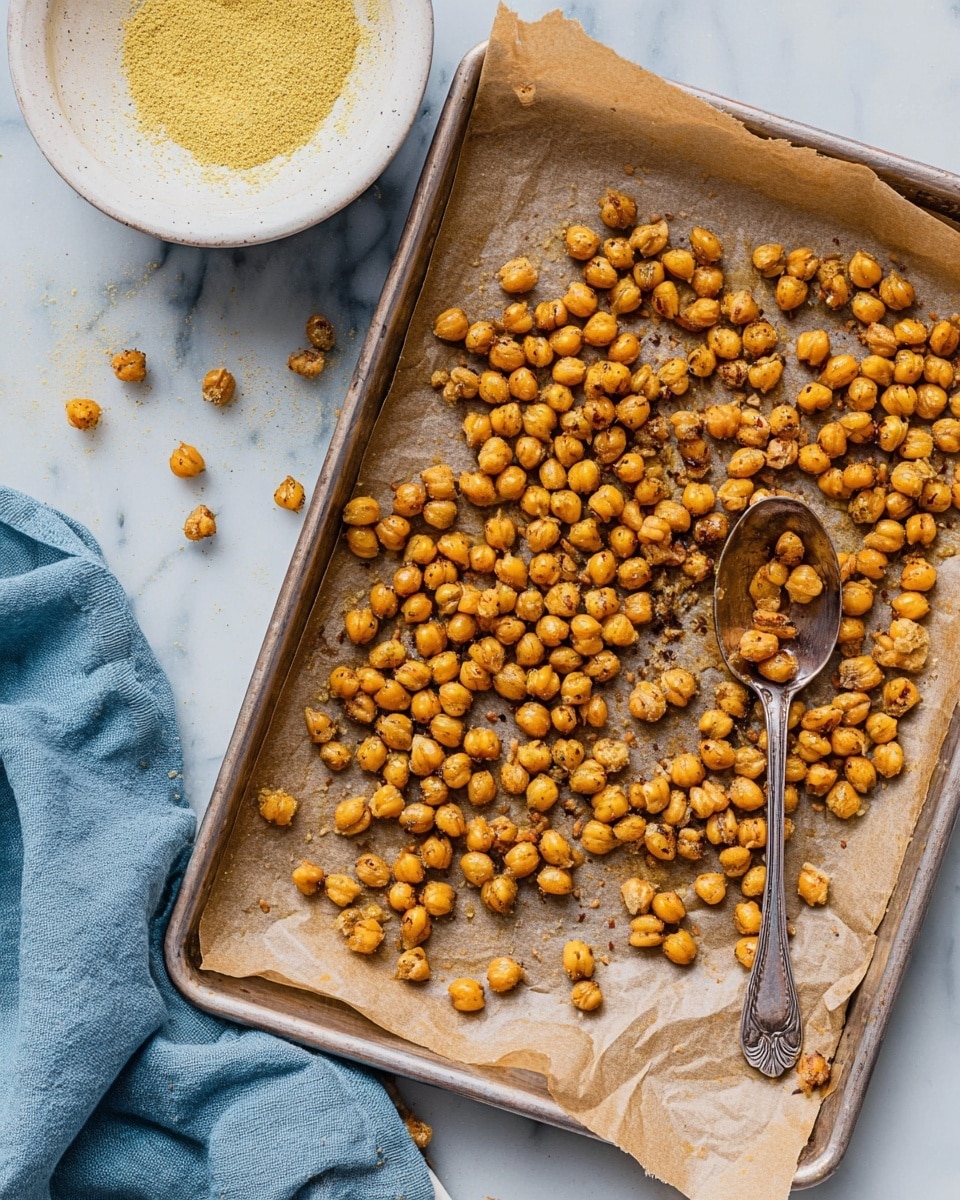 A silver baking tray lined with brown parchment paper holds a single layer of golden roasted chickpeas that have a slightly crispy texture and some light browning on a few spots; an ornate silver spoon is scooping up some chickpeas near the upper right corner. In the top left corner of the image, a white bowl with a fine yellow-green powder is partially visible. A piece of folded blue cloth is placed near the bottom left corner of the baking tray. The whole scene is set on a white marbled surface. photo taken with an iphone --ar 4:5 --v 7