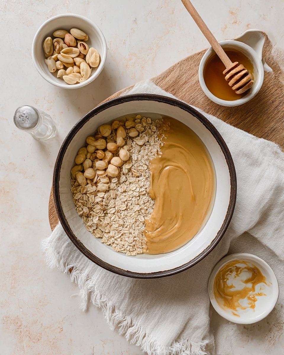 The image shows a white bowl with a dark rim filled with four main layers: on the left side, there are pale beige nuts; next to them, a layer of light tan oats fills the middle; toward the right, a smooth, thick layer of creamy light brown peanut butter occupies the bottom right quarter; above all, a thin layer of clear liquid covers everything. The bowl sits on a wooden board over a white marbled surface, with a white cloth with frayed edges underneath. Nearby, there is a white bowl containing honey with a wooden honey dipper resting inside and a small white bowl with some peanut butter residue. A clear salt shaker is also visible on the surface near the bowl. photo taken with an iphone --ar 4:5 --v 7