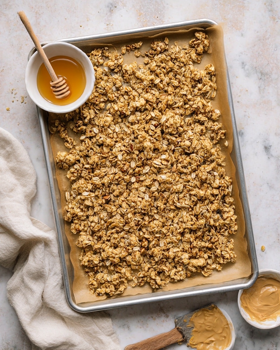A large silver baking tray lined with brown parchment paper is covered with golden, toasted granola clusters that have a rough, crumbly texture. The granola pieces vary in size and show visible oats and some nuts scattered throughout, creating an uneven but natural spread. Nearby, on the white marbled surface, there is a small white bowl containing a light amber liquid with a honey dipper resting inside it, and another small white bowl with some peanut butter residue. There is a light-colored cloth partially tucked under the tray and a wooden-handled spatula placed next to it. The scene has a soft, natural lighting that highlights the textures of the granola and the smooth surface of the bowls, photo taken with an iphone --ar 4:5 --v 7