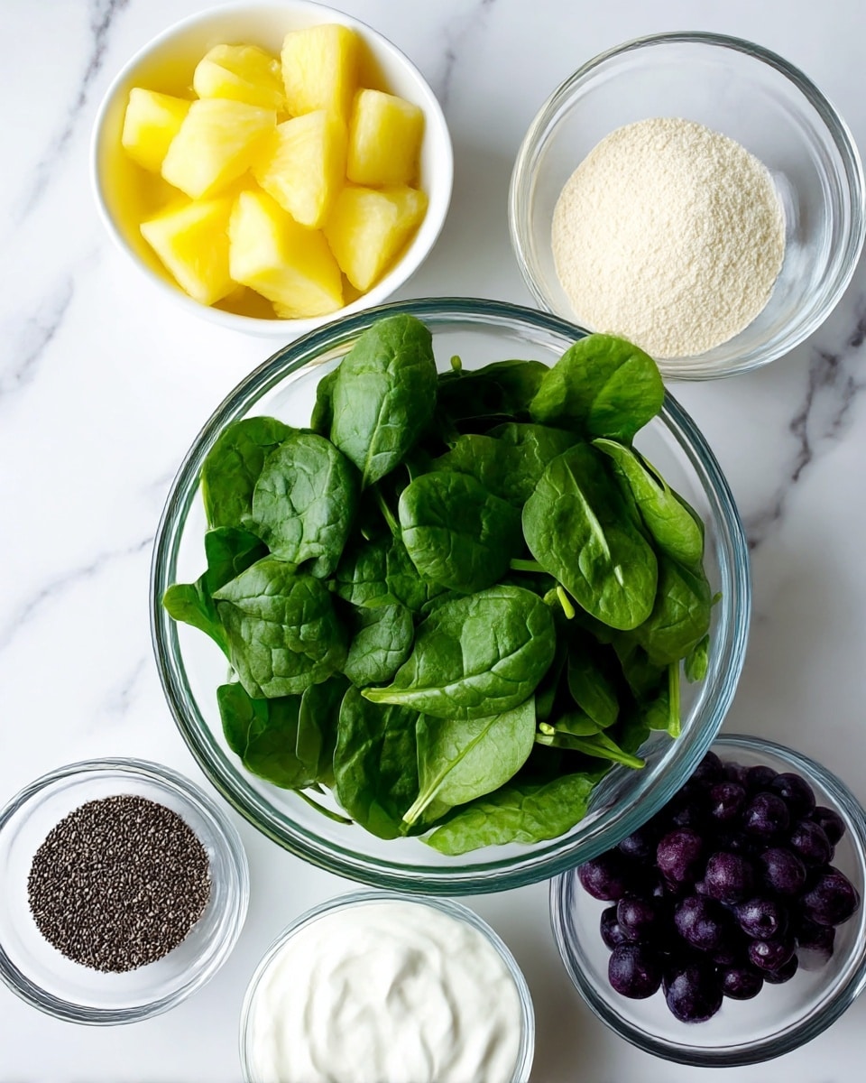 The image shows five bowls on a white marbled surface. At the center is a large clear glass bowl filled with fresh, bright green spinach leaves. To the top left, a white bowl holds yellow pineapple pieces. At the top right, a clear glass bowl contains a pale, powdery substance. Below the pineapple bowl, a small clear glass bowl holds black chia seeds. At the bottom right, a clear glass bowl is filled with dark purple blueberries. Finally, at the bottom left, a white bowl contains thick white yogurt. The bowls are arranged close together, creating a colorful mix of fresh ingredients, photo taken with an iphone --ar 4:5 --v 7
