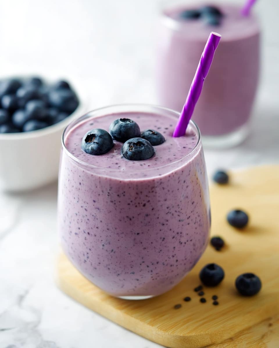 A clear glass is filled with a thick, light purple smoothie that has tiny dark specks throughout its surface. On top, three large, fresh blueberries sit slightly sunk in the smoothie, along with a few small black seeds scattered around. A twisted purple straw is placed on the right side of the glass, standing upright. The glass rests on a light wooden board, set on a white marbled surface. In the background, there is a white bowl filled with blueberries and another glass with the same smoothie, slightly out of focus. Photo taken with an iphone --ar 4:5 --v 7