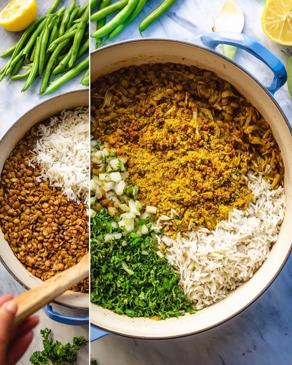 A white pot contains three layers inside: on the left, light brown lentils with a slightly soft texture; on the right, fluffy white rice with separate grains; and in the middle bottom, fresh chopped green herbs and small sliced onions. The top layer is a mix of golden yellow and light brown spices cooked with a soft texture, spread evenly on top. The pot sits on a white marbled background with some fresh green beans and a lemon slice nearby. A woman's hand is holding a wooden spoon next to the pot. photo taken with an iphone --ar 4:5 --v 7