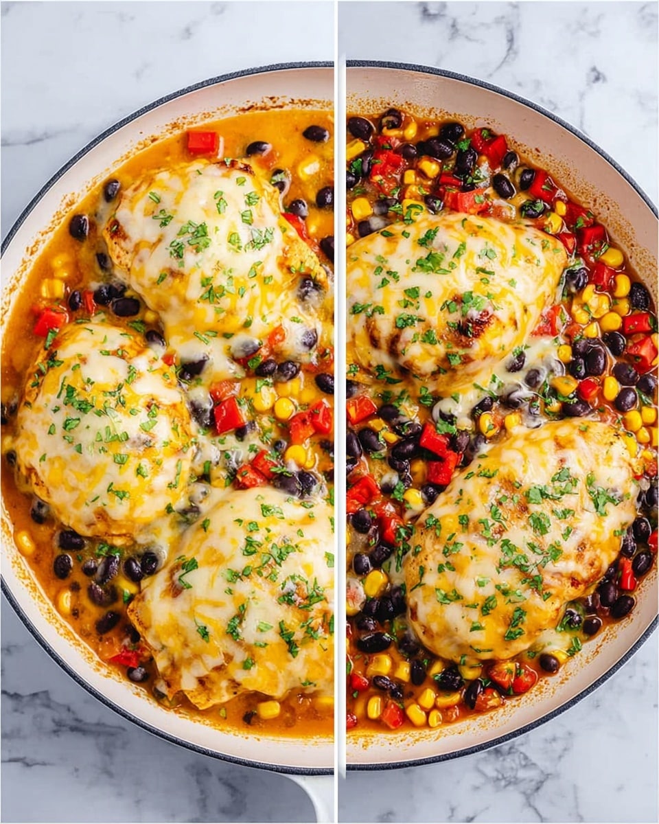 The image shows a white pan with four pieces of cooked chicken covered in a thick layer of melted yellow and white cheese. Around and on top of the chicken, there are black beans, diced red bell peppers, and yellow corn kernels scattered evenly. The chicken rests in an orange sauce that fills the pan base, and the whole dish is garnished with small green herb pieces. The pan is on a white marbled surface. Photo taken with an iphone --ar 4:5 --v 7