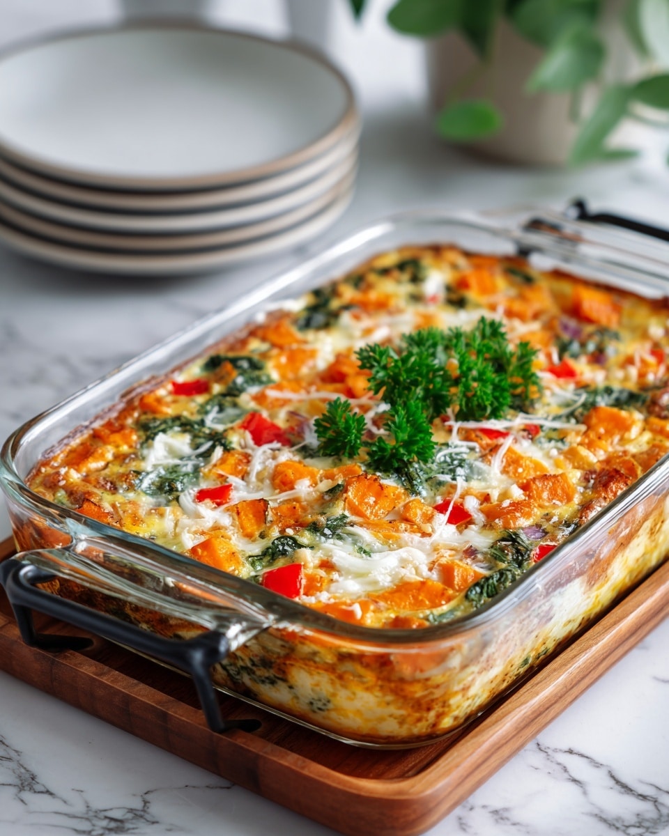 A clear glass baking dish filled with a colorful baked egg casserole sits on a wooden tray with a black handle. The casserole has three visible layers: at the bottom, a light golden base of cooked eggs; the middle layer is filled with bright orange sweet potato chunks, green spinach leaves, and red bell pepper pieces; the top layer shows melted white cheese, some thin white onion strands, and fresh green parsley leaves placed as garnish in the center. In the background, there is a stack of plain white plates and a plant with green leaves, all set on a surface with a white marbled texture. photo taken with an iphone --ar 4:5 --v 7