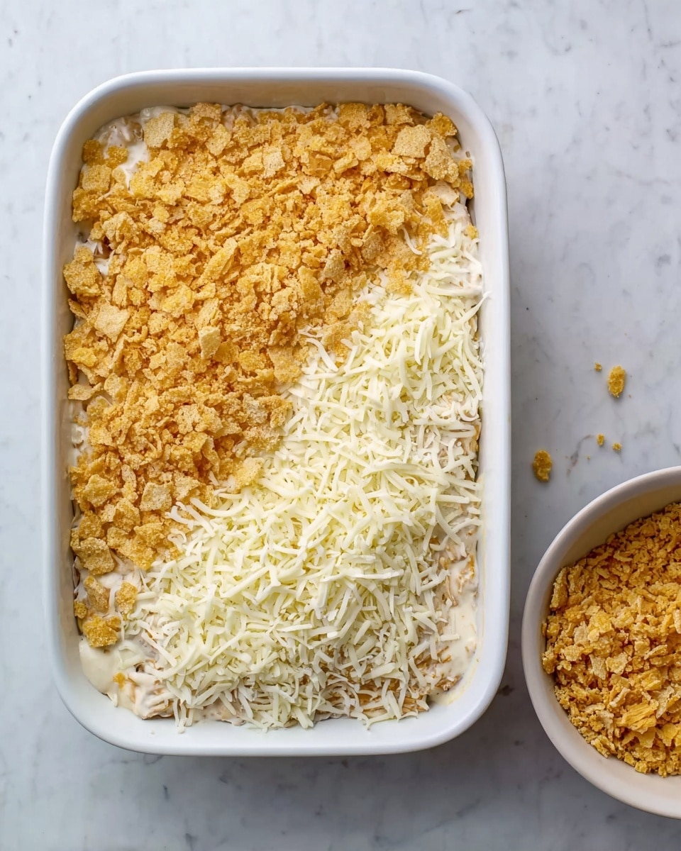 The image shows a white rectangular baking dish filled with a layered casserole. The dish is divided roughly in half: the left side is topped with crushed golden crackers, creating a crumbly, textured layer, while the right side is covered with a smooth, even layer of white shredded cheese. Underneath these toppings, there is a visible creamy mixture made with small bits of food, filling the dish evenly. The dish sits on a white marbled surface, and a woman's hand is holding a white bowl with more crushed crackers just to the side. Photo taken with an iphone --ar 4:5 --v 7