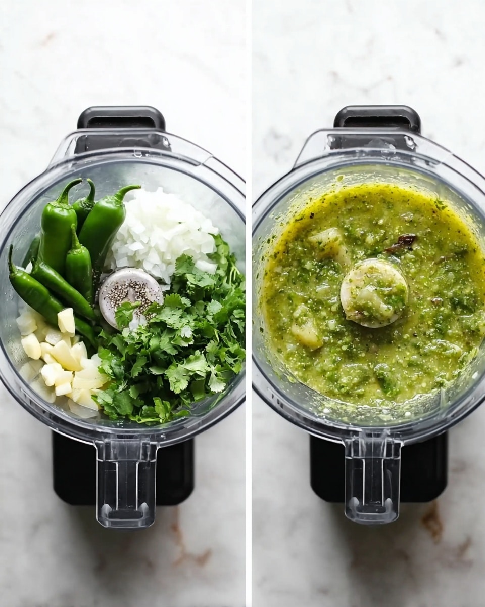 The image shows two side-by-side top views of a blender on a white marbled surface. The left side has the blender filled with several whole roasted green chilies, a pile of chopped white onions, minced garlic, and fresh green cilantro leaves placed separately inside the clear blender container. The right side shows the same blender, but now the ingredients are blended into a smooth, chunky green sauce with small visible bits of the ingredients throughout. The blender base is black and the container is clear, making the colors of the ingredients stand out vividly. photo taken with an iphone --ar 4:5 --v 7
