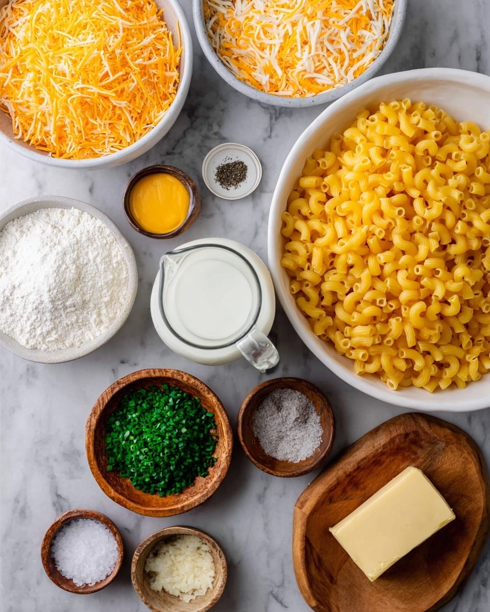 A top view of various ingredients arranged neatly on a white marbled surface, showing a large white bowl filled with yellow cooked elbow macaroni on the top right, two large white bowls filled with heaps of shredded cheese in shades of orange and white on the top left and bottom left, a small wooden bowl of finely chopped green chives near the center bottom, and several small wooden bowls holding white flour, white salt, black pepper, and a dollop of yellow mustard. A can of cream and a glass measuring cup filled with milk are placed near the center top of the frame, along with a small square of pale butter in a wooden bowl on the right side. photo taken with an iphone --ar 4:5 --v 7