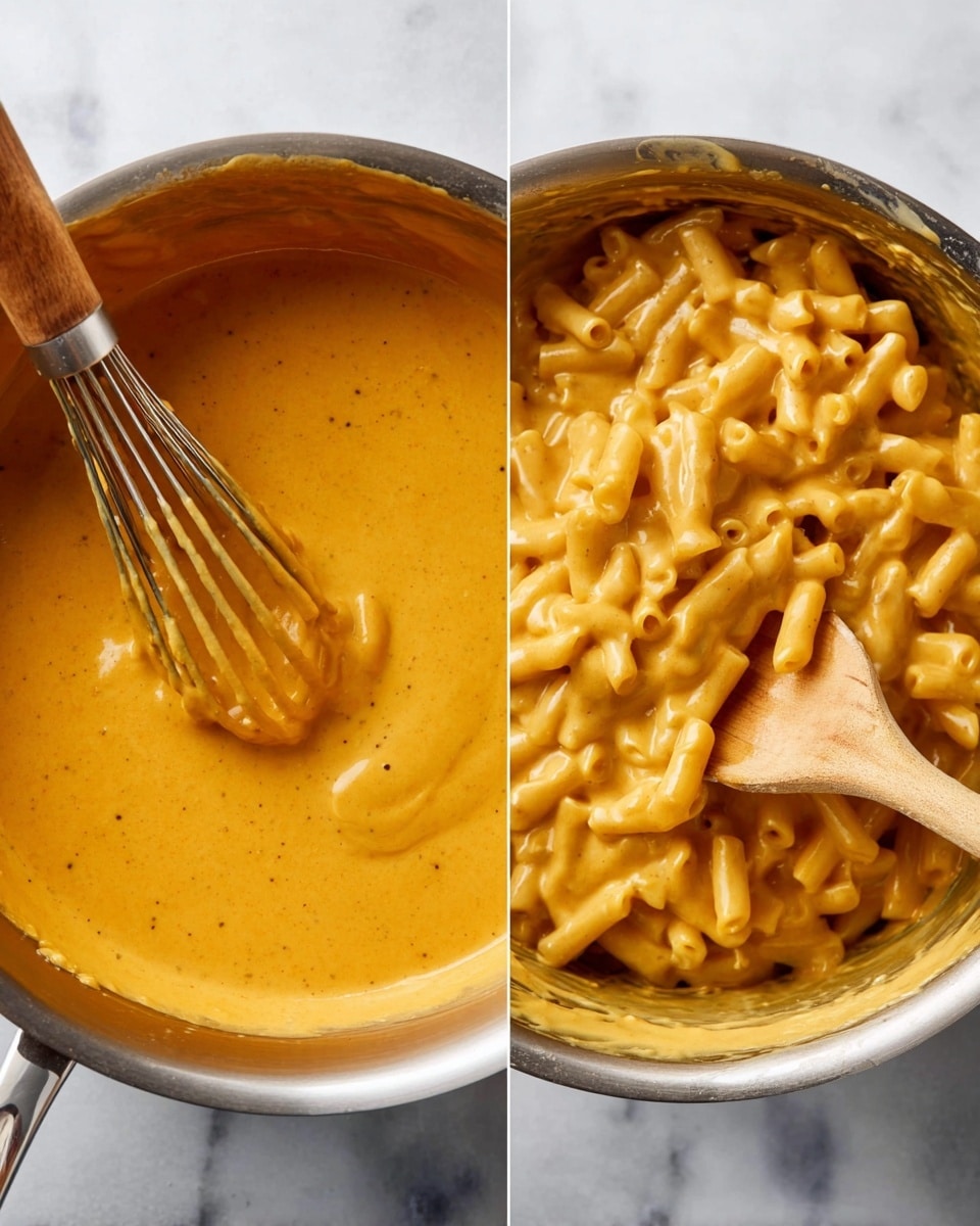 The image shows two metal pots on a white marbled surface. The first pot has a smooth, thick sauce with a shiny texture in a rich orange color, being stirred gently with a wooden whisk. The second pot contains macaroni pasta covered in the creamy orange cheese sauce, with a wooden spoon partially submerged in the mixture. Both pots have a shiny metal finish and are filled almost to the top, highlighting the rich and creamy texture of the sauce and pasta together. photo taken with an iphone --ar 4:5 --v 7