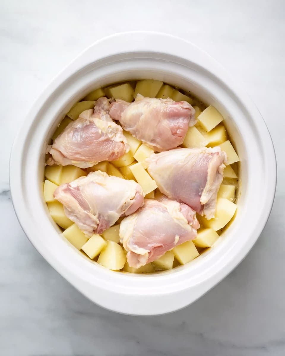 A white oval slow cooker filled with a bottom layer of small, pale yellow potato cubes, topped with four pieces of raw chicken thighs with pinkish-white skin, evenly spread over the potatoes. The slow cooker sits on a white marbled surface, with soft natural lighting highlighting the fresh ingredients. photo taken with an iphone --ar 4:5 --v 7