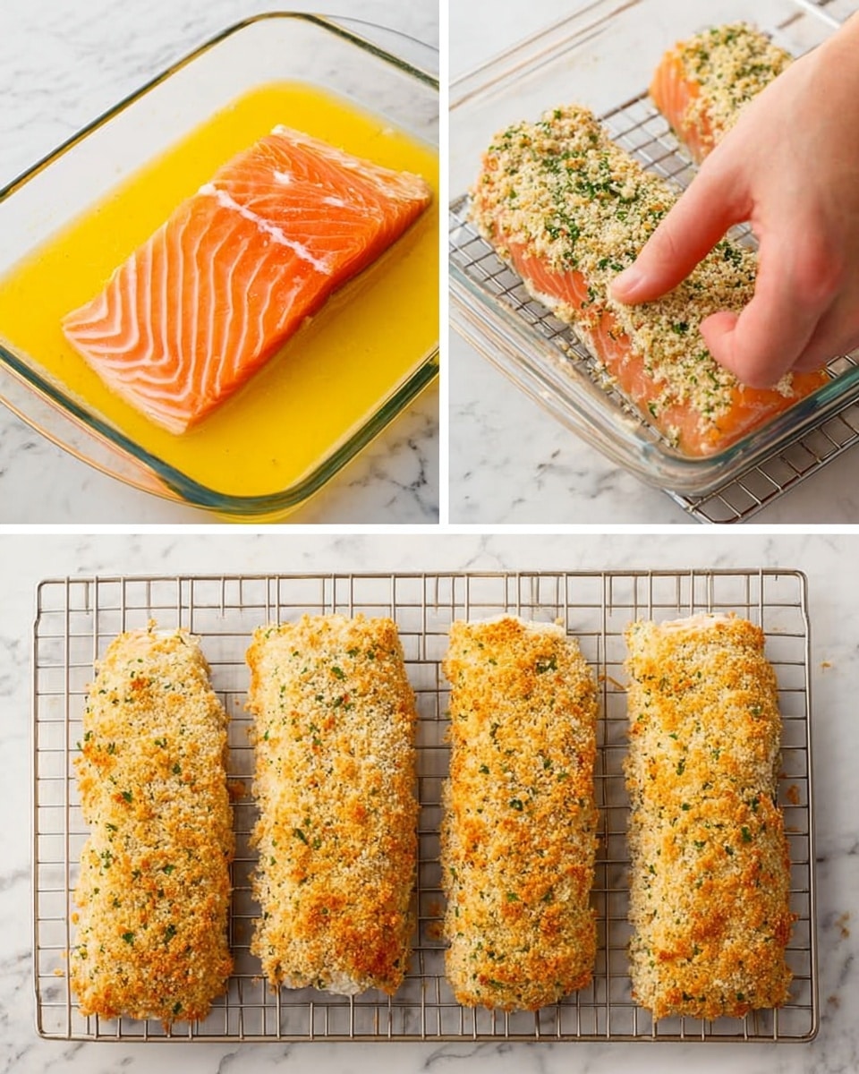 The image shows a four-step process of preparing fish fillets for baking. In the first step, a single piece of raw salmon with an orange-pink color and visible white lines is soaking in a yellow egg mixture inside a clear glass dish. The second step shows a woman's hand pressing the salmon into a breadcrumb mix with green herbs, covering the fillet. The third step displays four coated fillets with a rough breadcrumb texture evenly placed on a white wire rack. The last step shows the baked fillets turned golden brown with a crispy breadcrumb crust, sitting on the same white wire rack. All are set on a white marbled surface. Photo taken with an iphone --ar 4:5 --v 7