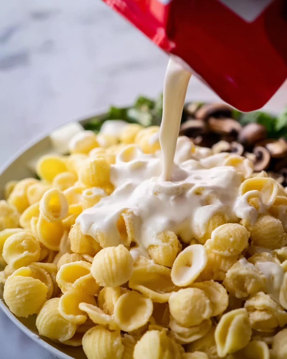 The image shows a close-up view of a dish with many small, round pasta shapes with a yellow color and slightly rough texture, piled on a white plate. White creamy sauce is being poured over the pasta from a red carton held by a woman's hand, covering the pasta unevenly and making the sauce look thick and smooth. In the background, there is a glimpse of green and dark brown elements, possibly herbs or mushrooms, slightly blurred on a white marbled surface. Photo taken with an iphone --ar 4:5 --v 7