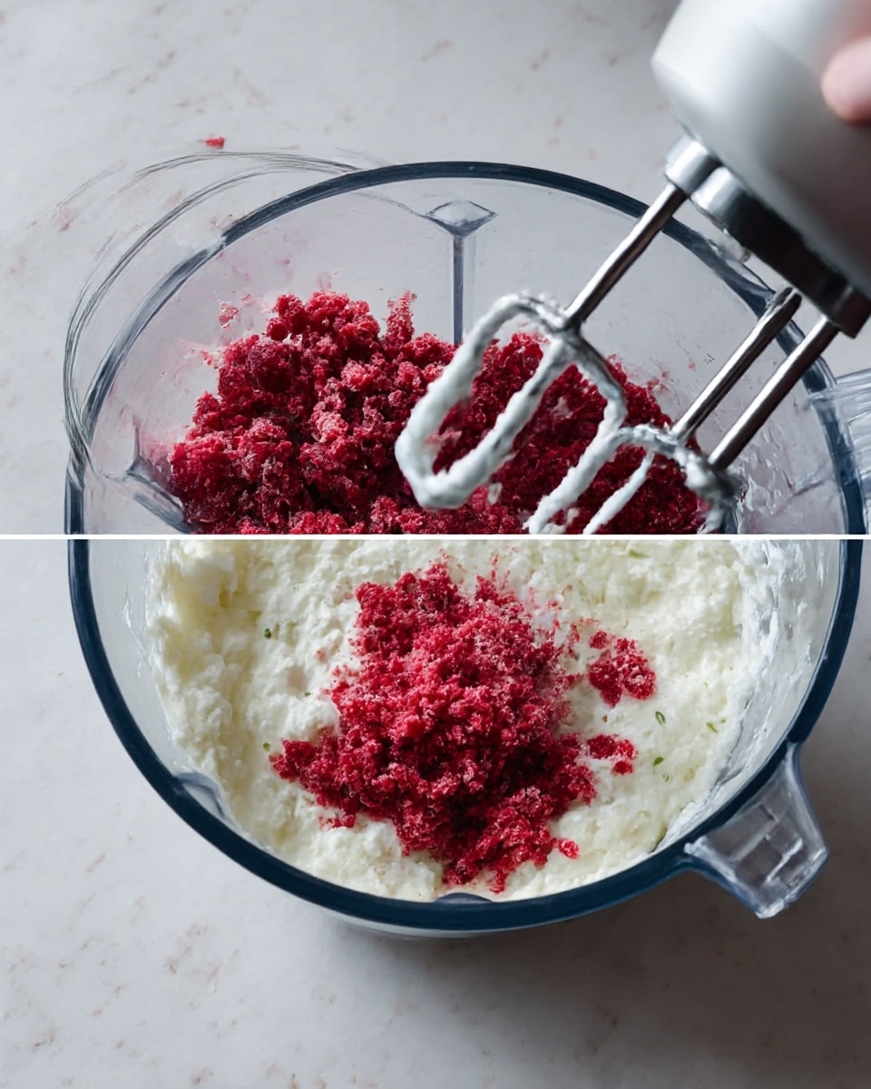 A close-up image of a blender bowl with small pieces of crushed bright red raspberries mixed with green bits inside, set on a white marbled surface. Next to it, there is a clear glass bowl filled with a fluffy, white, creamy substance being beaten by a hand mixer with two metal beaters, the texture smooth and airy. In the third scene, the bright red crushed raspberry mix from the blender is being added on top of the white creamy layer in the same glass bowl, with the woman's hand holding the mixer as the ingredients begin to combine, all placed on the white marbled background. photo taken with an iphone --ar 4:5 --v 7