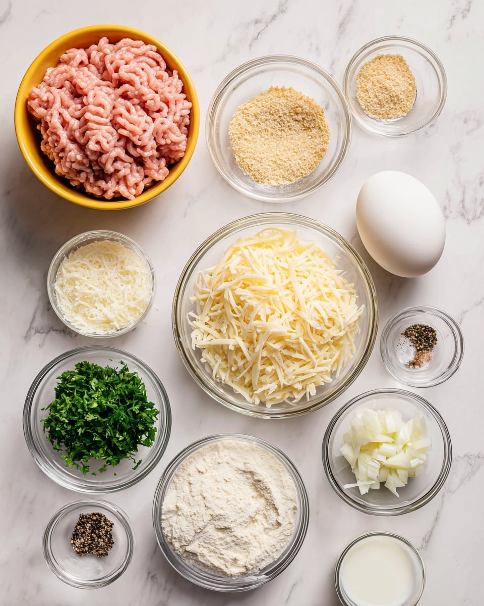 The image shows several clear glass bowls and a yellow container placed on a white marbled surface. The yellow container on the left holds pink ground chicken with a textured, wavy surface. Moving right, there is a small bowl filled with fine, light tan Italian bread crumbs, and a small bowl with a whole white egg. Below the bread crumbs sits a larger bowl with grated pale off-white Parmesan cheese, smooth and powdery in texture. To the right of the egg is a medium bowl filled with shredded Parmesan cheese, light yellow with a stringy texture. Below the grated cheese is a small bowl filled with minced garlic, creamy white and slightly thick. To the bottom left of the garlic is a small bowl of chopped fresh green parsley with a leafy texture. Next to parsley is a small round bowl with salt and black pepper mixed together, granular and speckled in white and black. On the far left below the yellow container is a small bowl filled with finely chopped white onion. Below the onion is a small bowl of white milk with a smooth surface. photo taken with an iphone --ar 4:5 --v 7