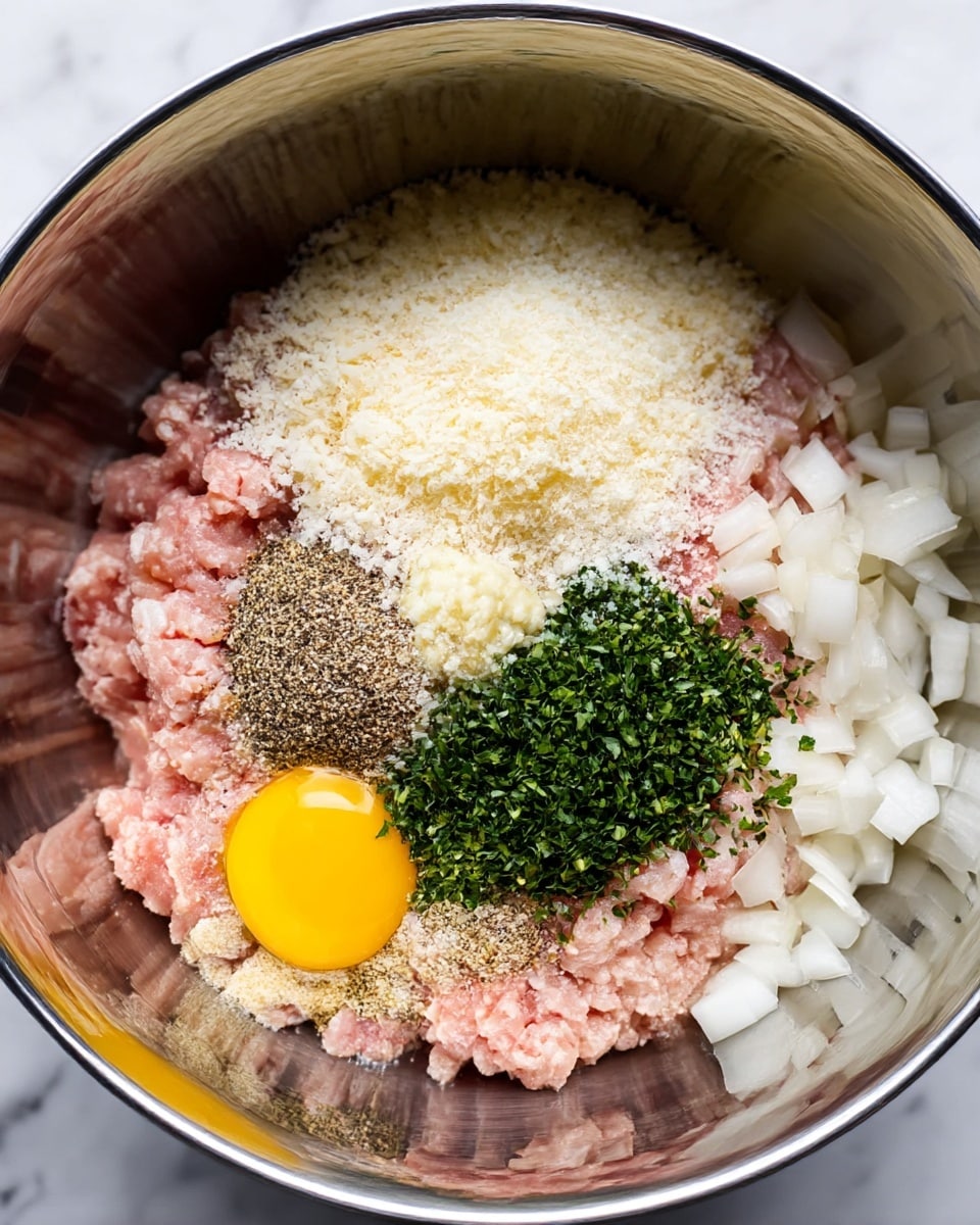 A shiny metal bowl filled with several layers of raw ingredients for a dish. The bottom layer is light pink raw ground meat taking up most of the bowl. On top of this, there are small white onion pieces scattered on the right side. Bright yellow raw egg yolk sits near the bottom right, surrounded by white grated cheese. On the left, there is a thick pile of finely chopped garlic, and next to it, a mound of mixed black and brown ground pepper. Toward the top center, a pile of coarse white salt rests over chopped green herbs spread in a rough line across the bowl. The bowl sits on a white marbled surface. photo taken with an iphone --ar 4:5 --v 7